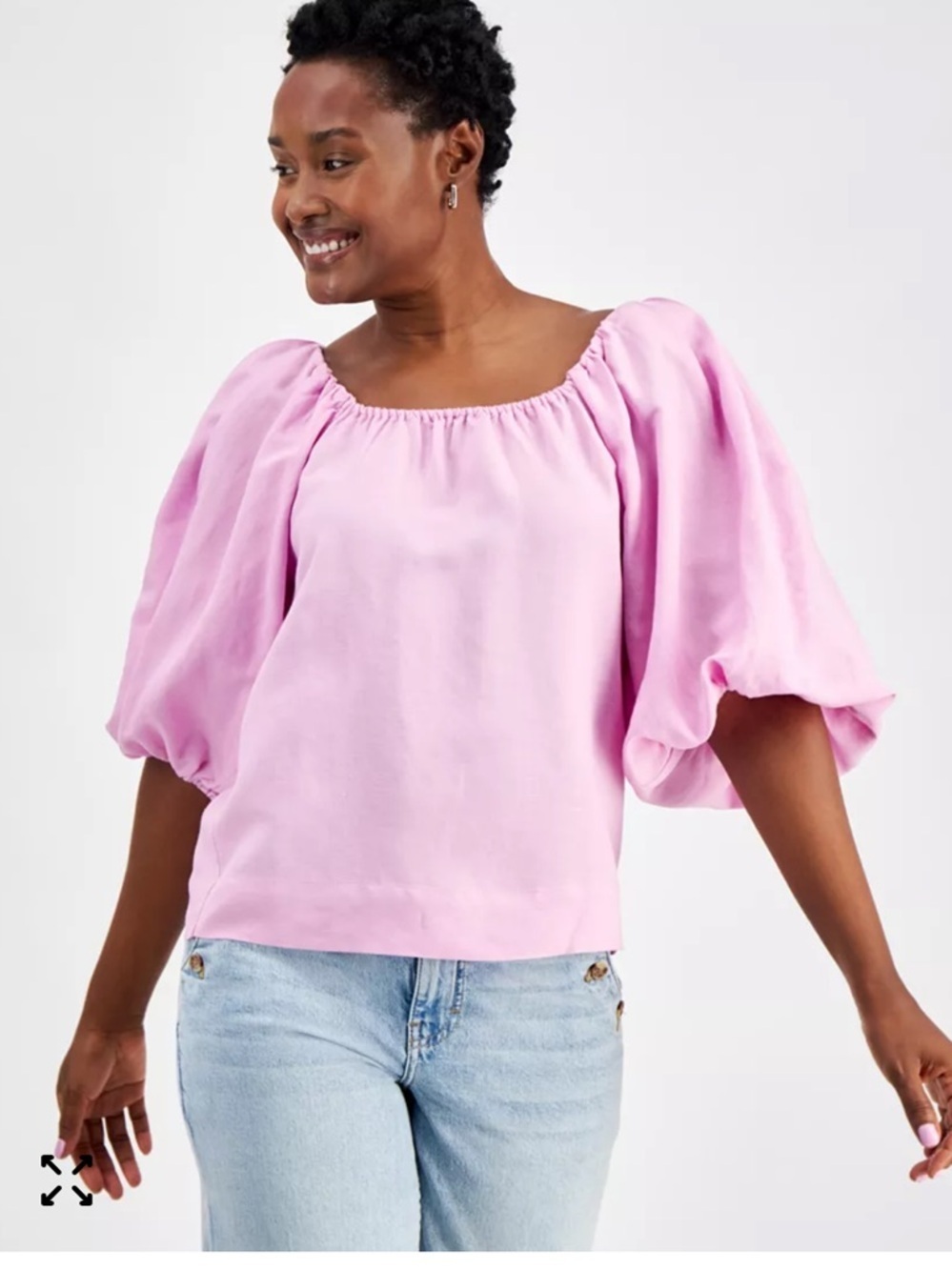 On 34th Women's Balloon-Sleeve Top Size 1X Pink Linen Blend